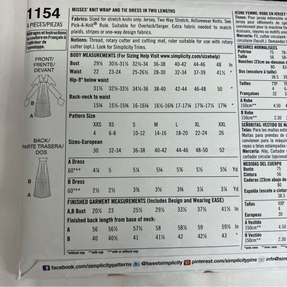 Simplicity Sewing patterns 1154 size XXS through XXL Wrap, twist and tie dress - Picture 4 of 6